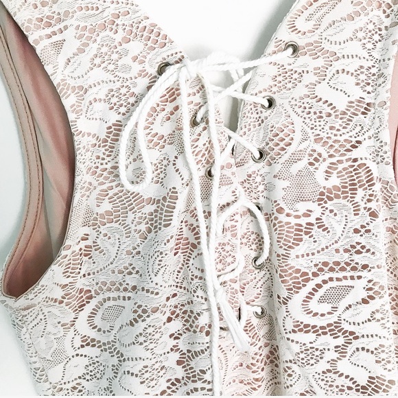 Streetwear Society Tops - 3/$30 Nude Lace Sleeveless Bodysuit Tie Up Detail